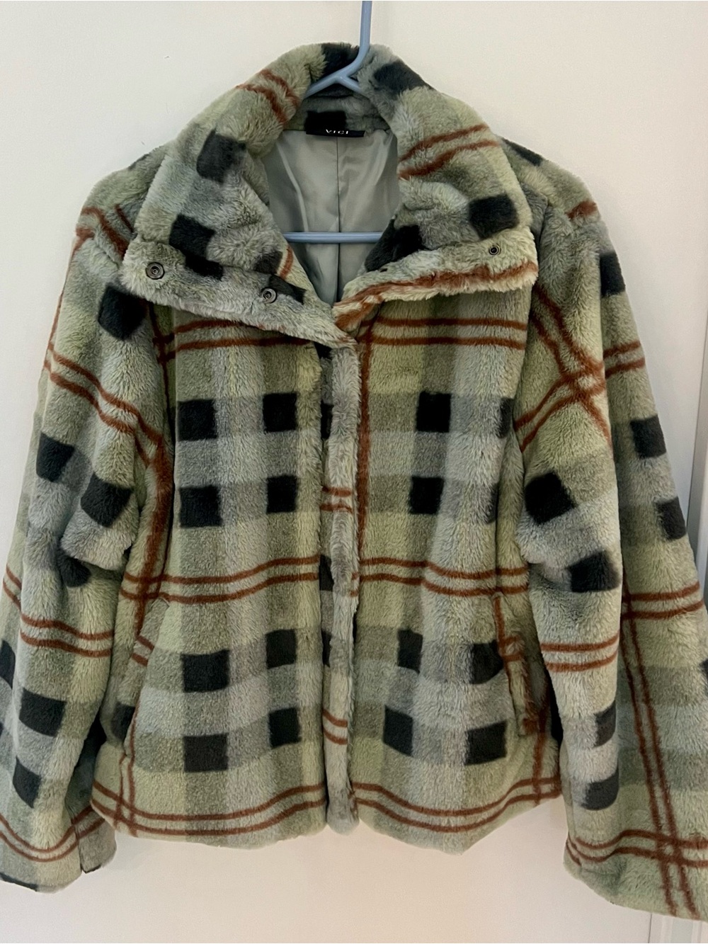 Vici Green Plaid Teddy Jacket with Black Brown & Blue Accents